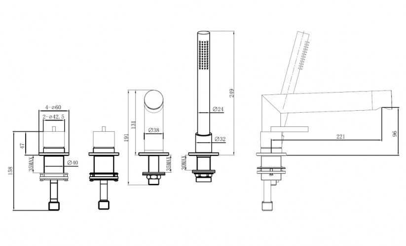 Смеситель ABBER Perfekte 316 AF8A13BGG на борт ванны с лейкой, оружейная сталь брашированная