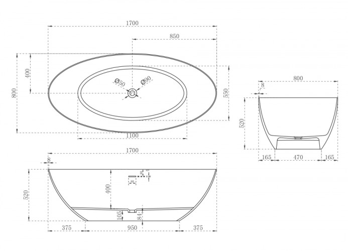 Ванна из искусственного камня ABBER Stein AS9625-1.7 белая матовая
