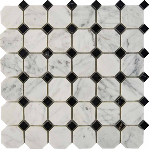 Мозаика Pixel Mosaic PIX 209 Bianca Carrara, Nero Marquina, чип 48x48 мм, сетка 305х305x8 мм, Полированная
