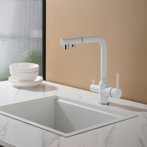 Смеситель ABBER Emotion AF8814W для кухни с подключением фильтра и выдвижной лейкой, белый матовый