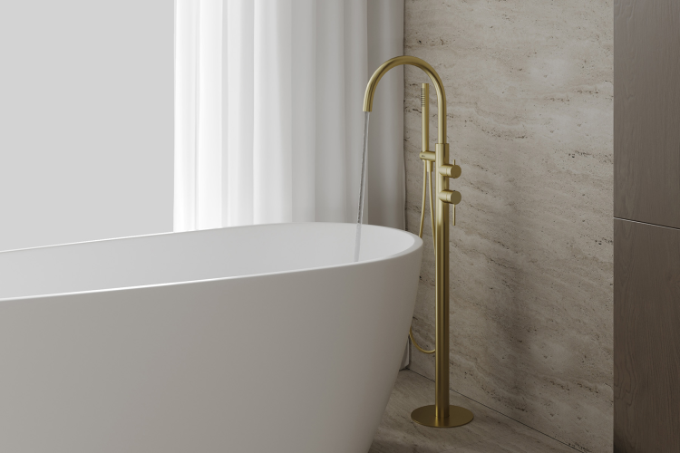 Смеситель ABBER Wasser Kreis 316 AF8115BG напольный для ванны, золото брашированное